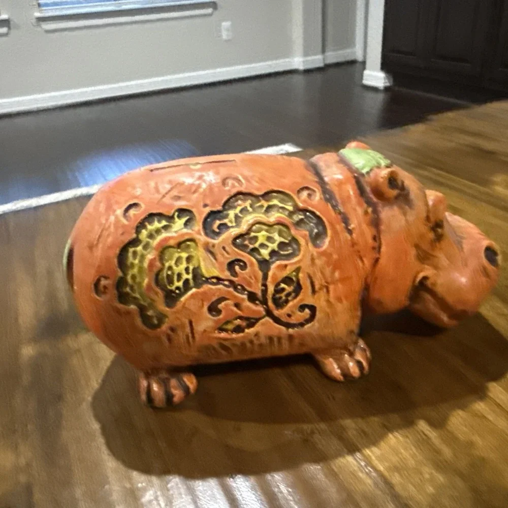 Vintage 70's Kitschy Boho Orange Floral Ceramic Bank Hippopotamus House Hippo